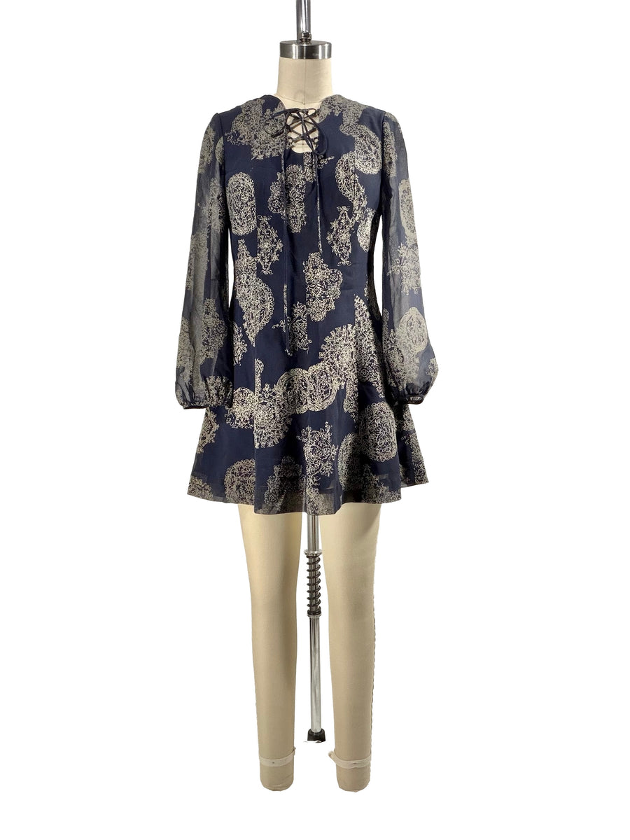1990s Navy Blue Poly Crepe Sheer Sleeve Mini Dress