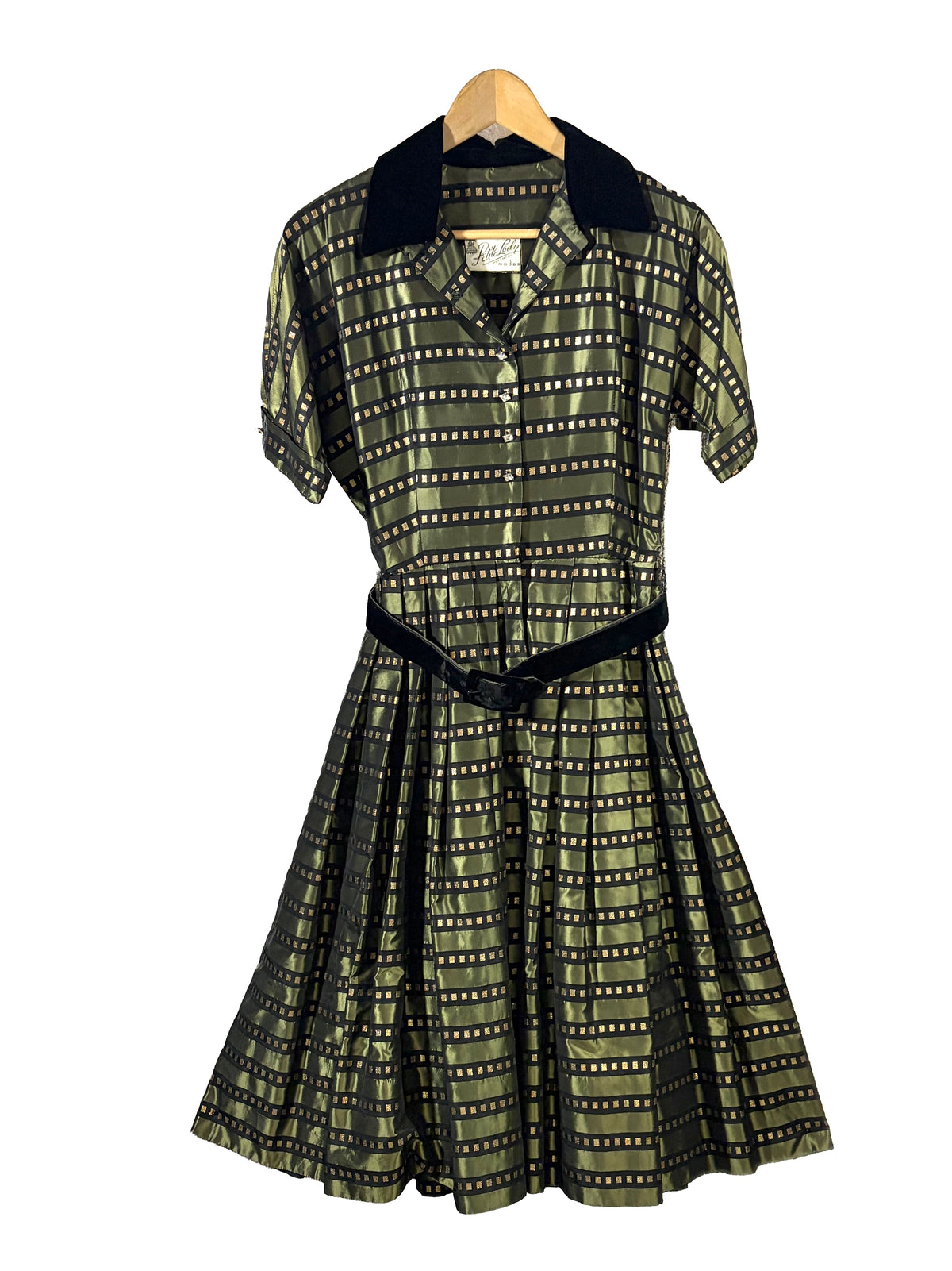1950s Olive Gold Black Taffeta Velvet Evening Dress