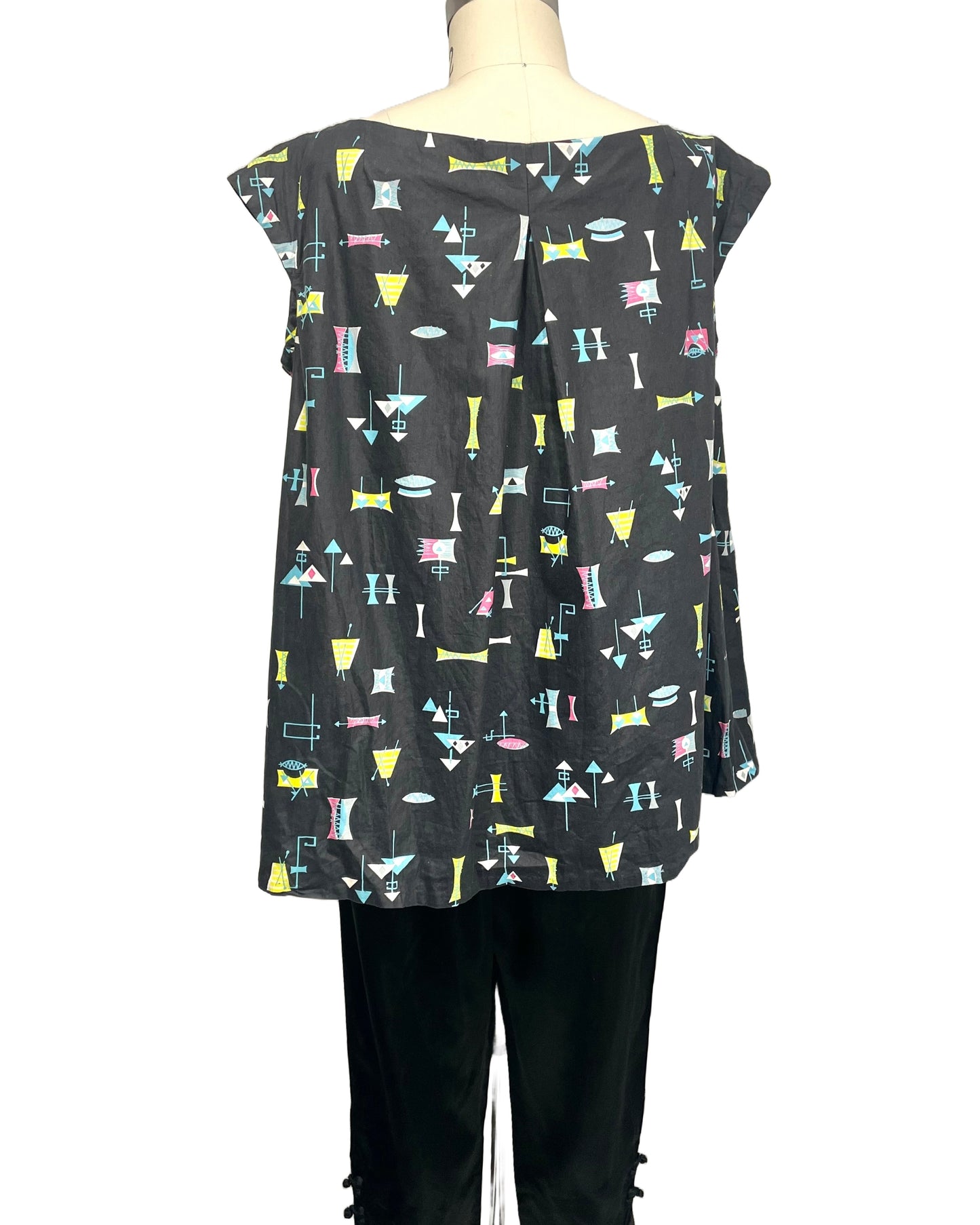 1950s Atomic Ab Ex Print Black Cotton Sleeveless Smock