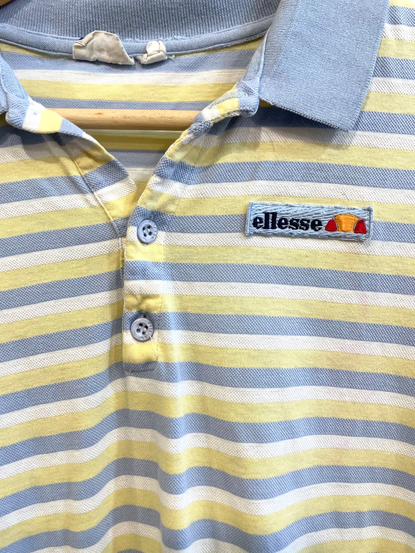 1980s Pastel Yellow Grey Ellesse Ski Brand Cotton Polo