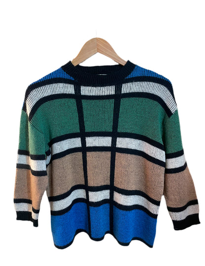 1960s Blue Green Tan Colorblock Wool Cropped Boxy Sweater