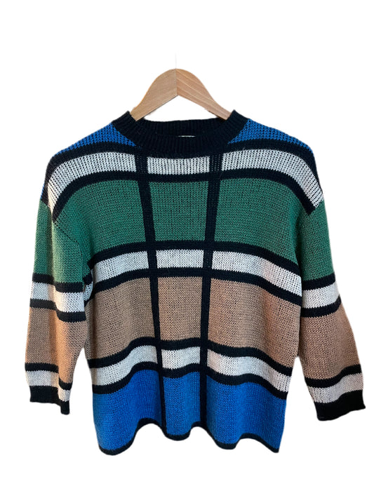 1960s Blue Green Tan Colorblock Wool Cropped Boxy Sweater