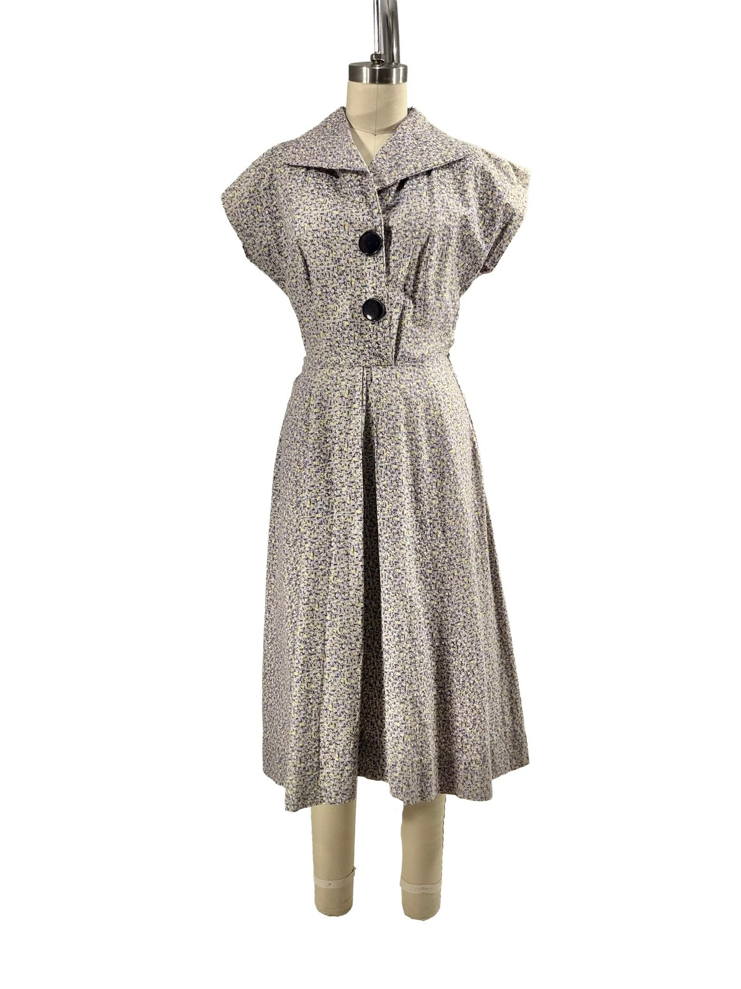 1950s Purple Yellow Print Cotton Big Button Cotton Day Dress