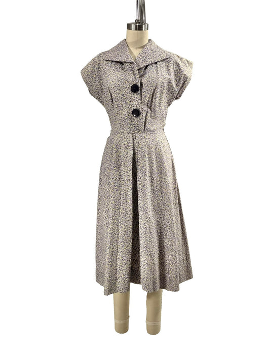 1950s Purple Yellow Print Cotton Big Button Cotton Day Dress