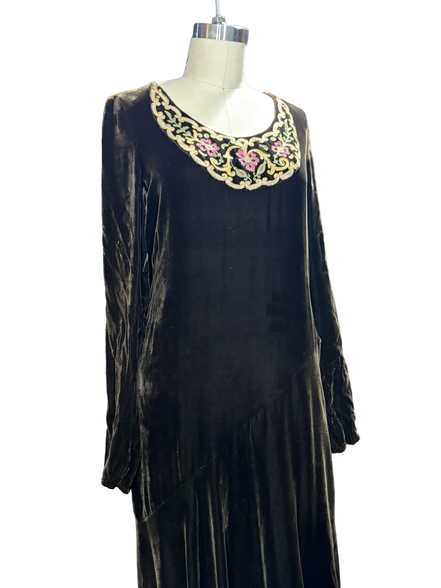 1920s Brown Silk Velvet Bias-Cut Embroidered Scoop Neck Evening Dress