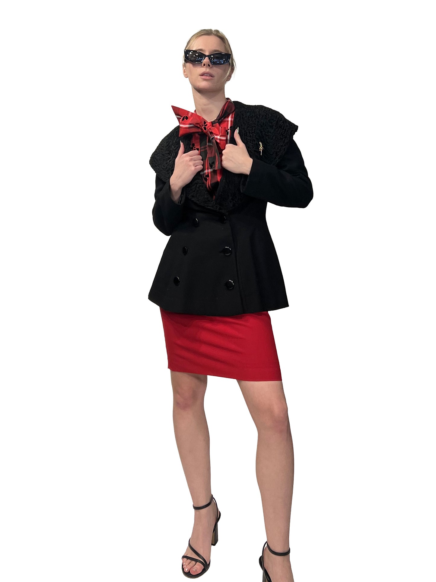 1950s Black Wool Felt Wide Lambs Fur Collar Fit & Flare Coat