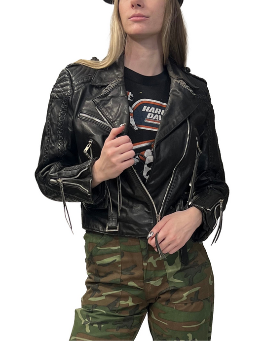 1980s Berman's Short Black Belted Leather Jacket