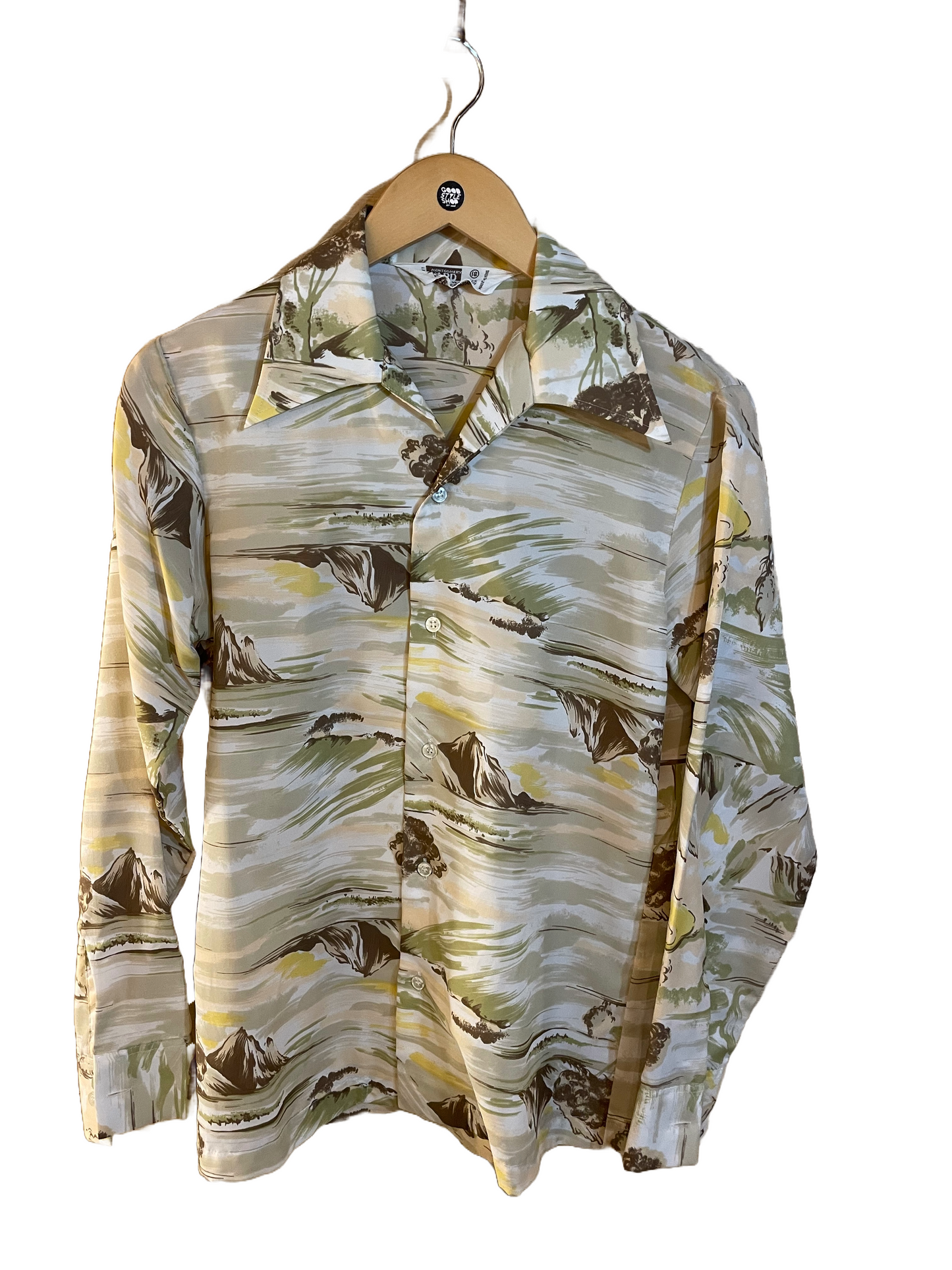 1970s Earthy Pastel Mountain Landscape Novelty Print Shirt