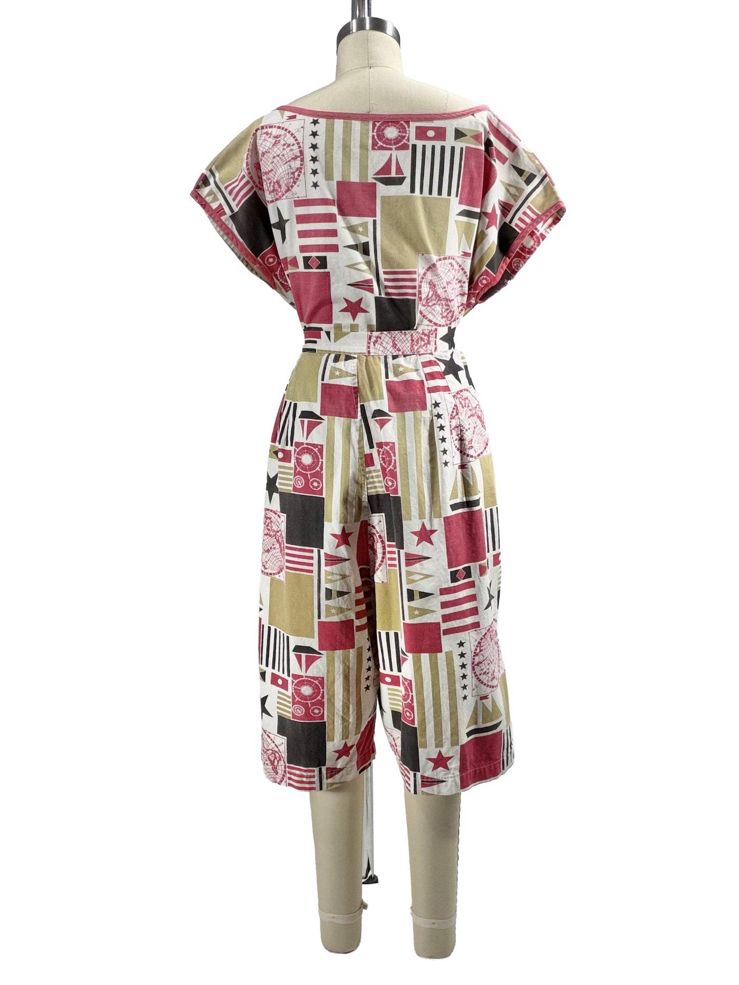 1950s Red White Black Tan Nautical Print Repair Work Cotton Playsuit