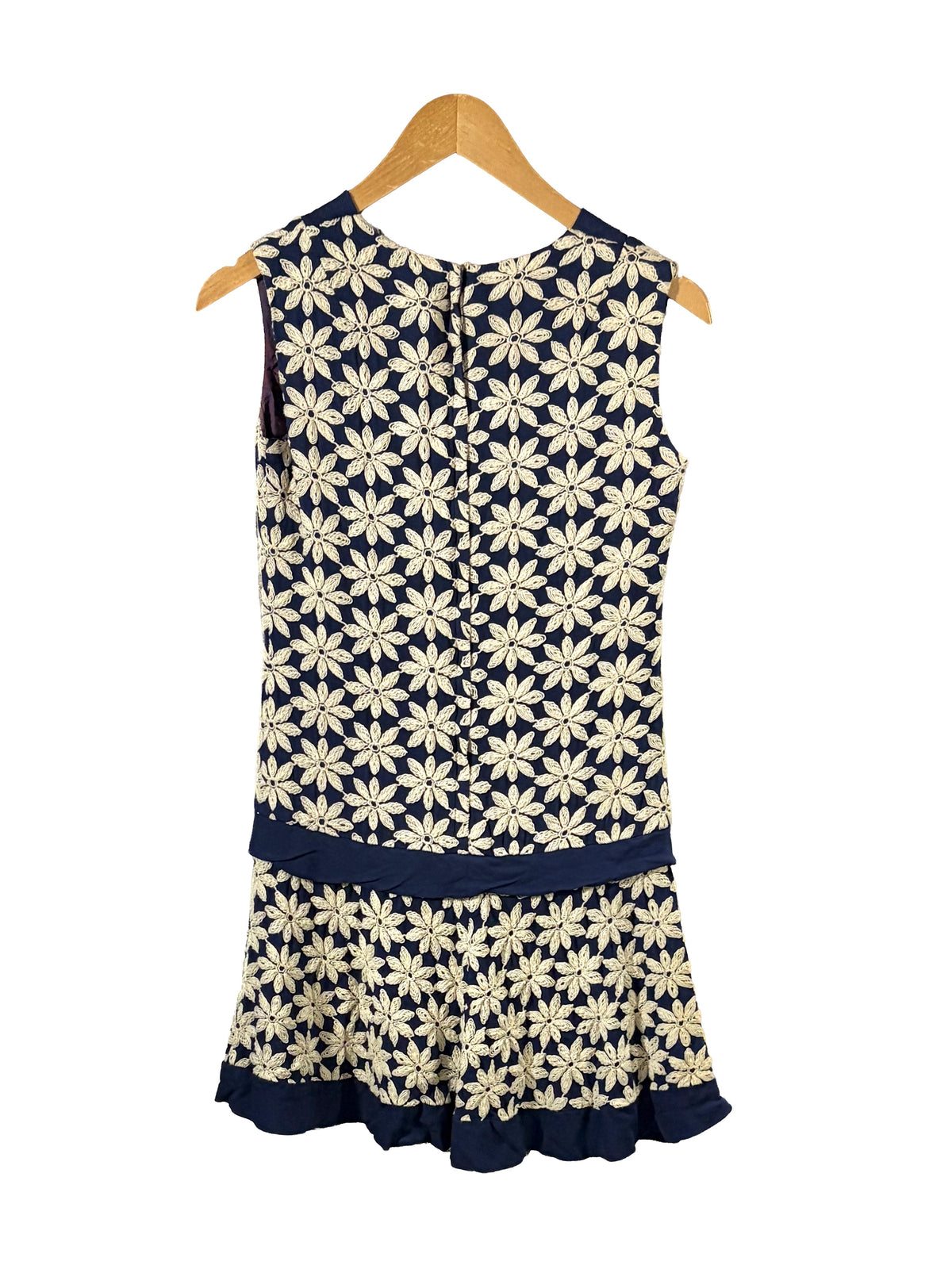 1960s Navy White Floral Embroidered Dropwaist Dress
