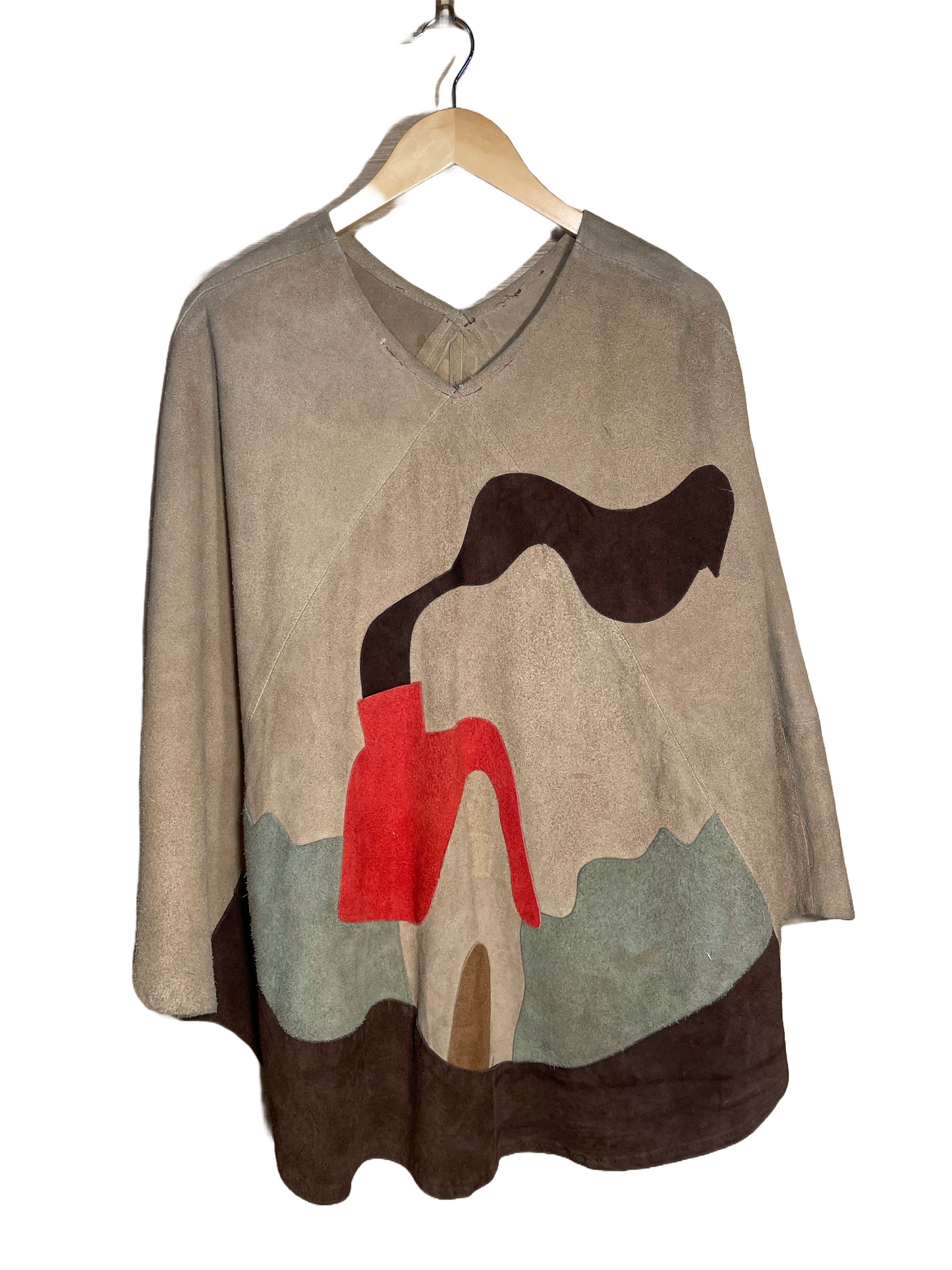 1970s Tan Earthtones Suede Colorblock Circle Poncho