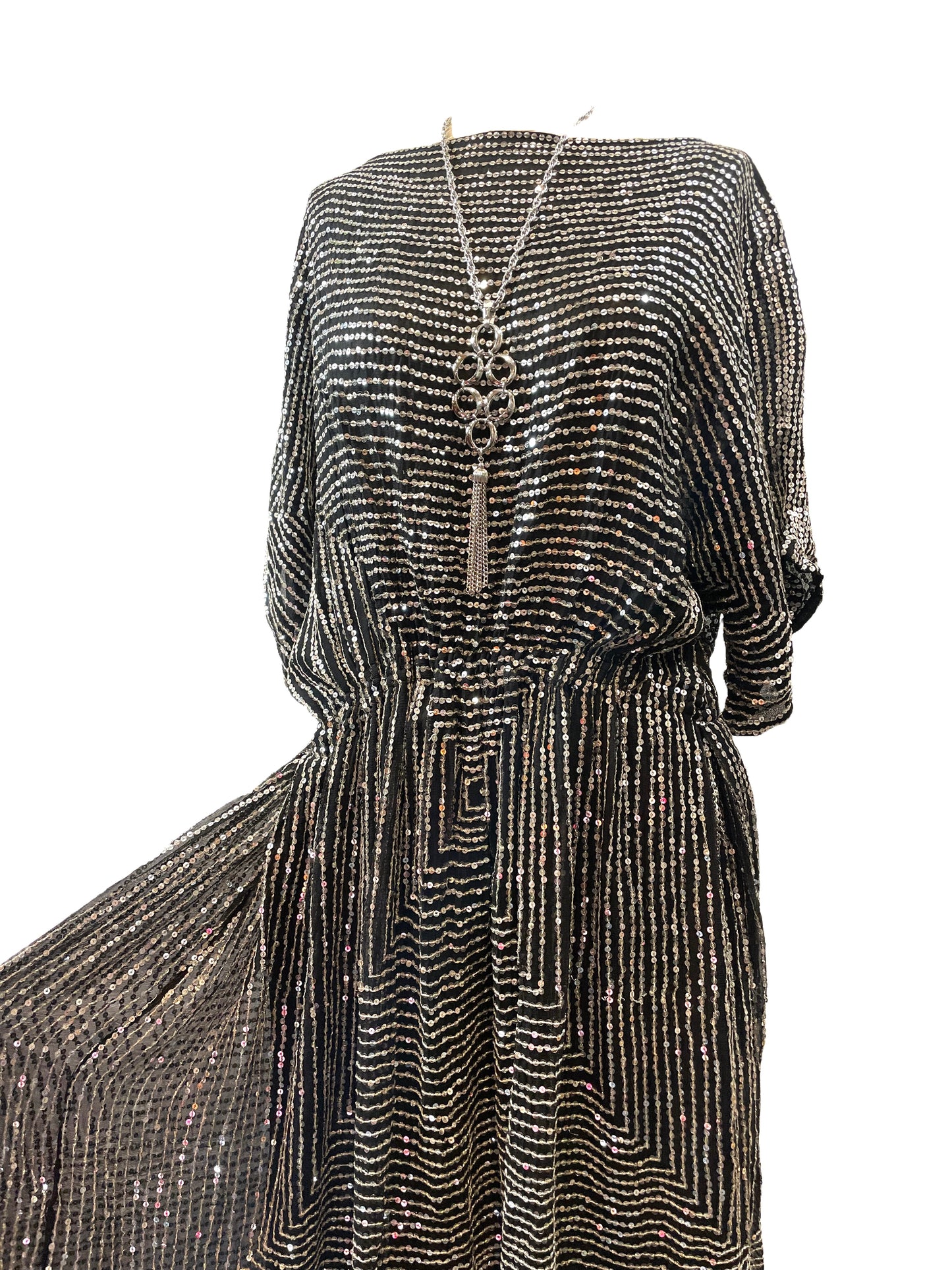 1980s Saks Fifth Avenue Silk Sequin Fit and Flare Dress