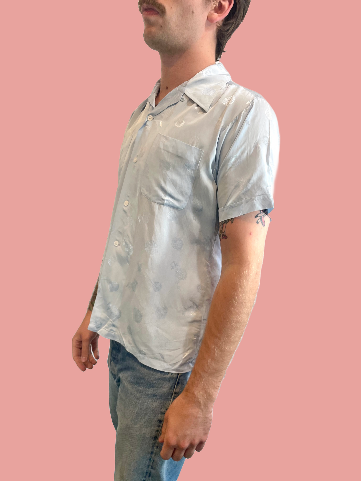 1960s Light Blue Flocked Rayon Chinese Import Loop Collar PJ Shirt