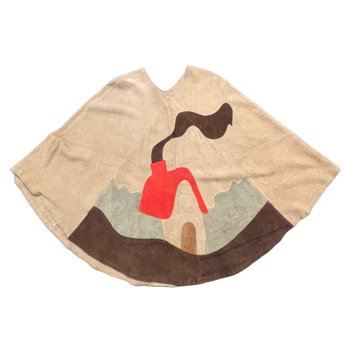 1970s Tan Earthtones Suede Colorblock Circle Poncho