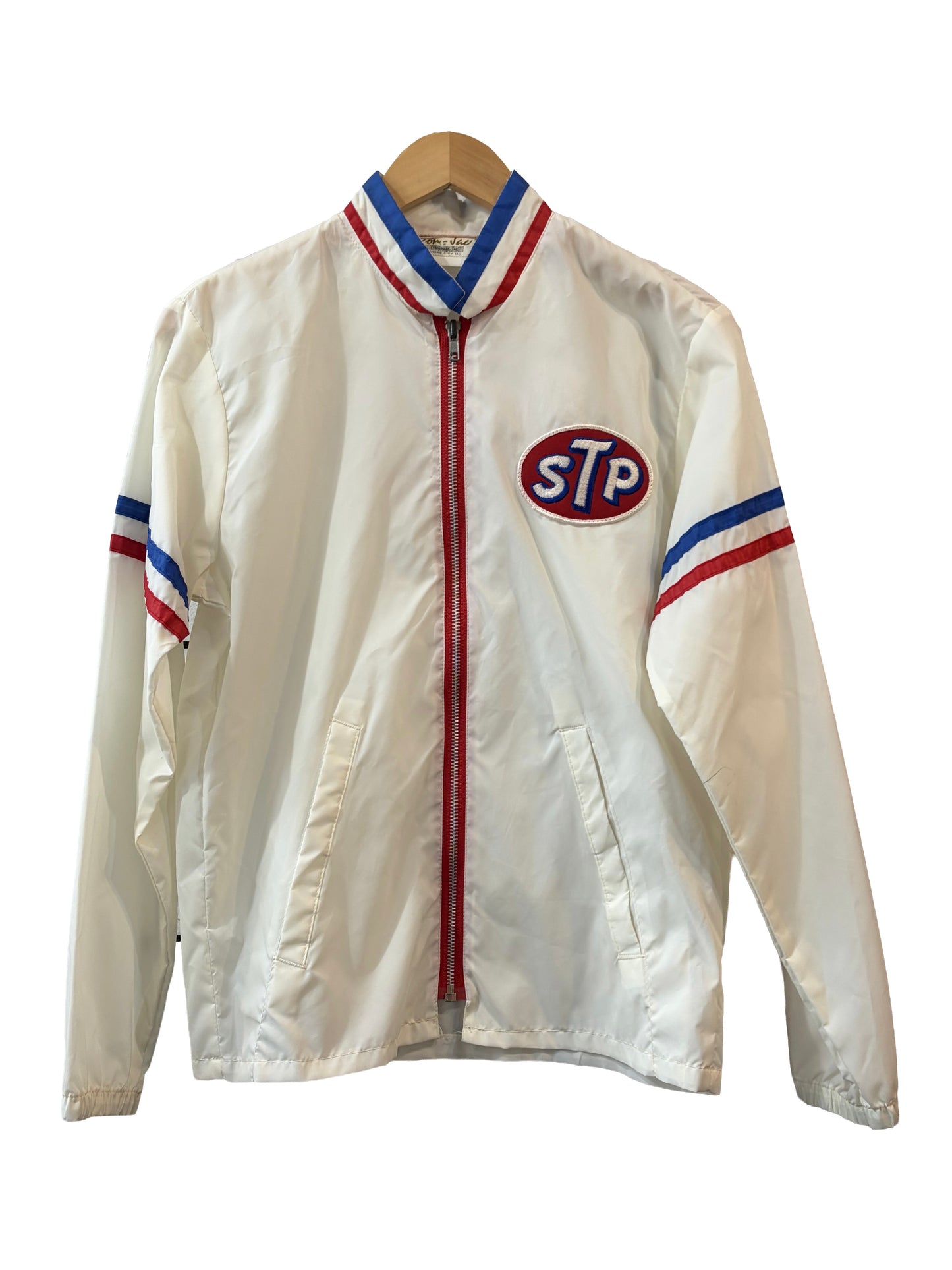 1970s White STP Motorcycle Racing Metal Zip Racer Jacket