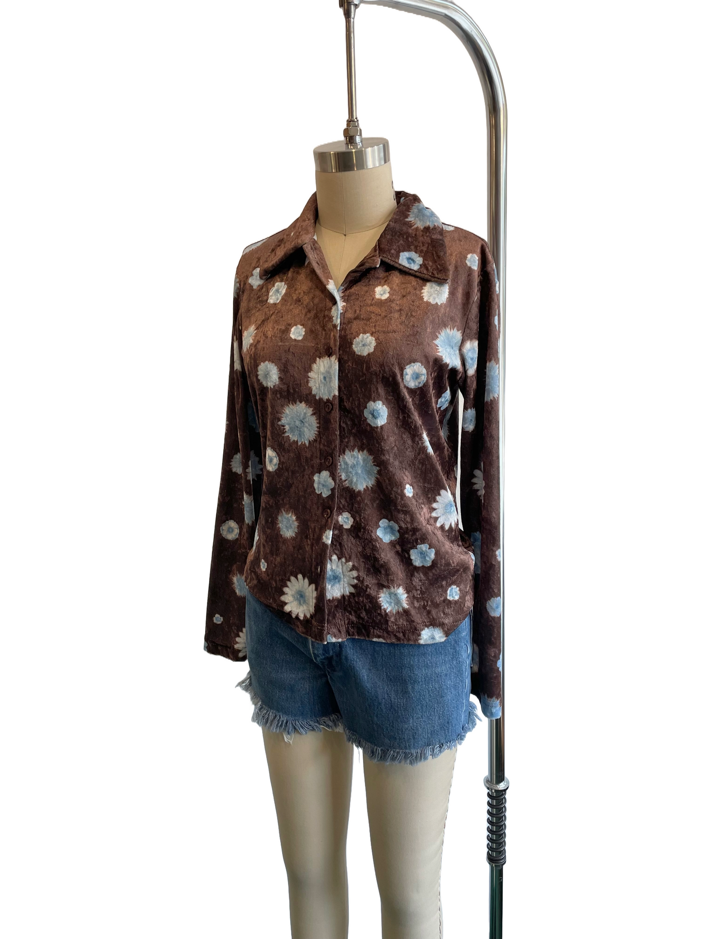 1990s Brown Blue Posey Print Velour Crop Blouse