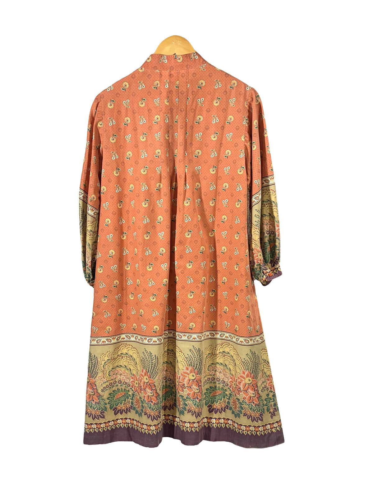 1970s Orange Floral Purple Earthy Border Print Cotton Band Collar Dress