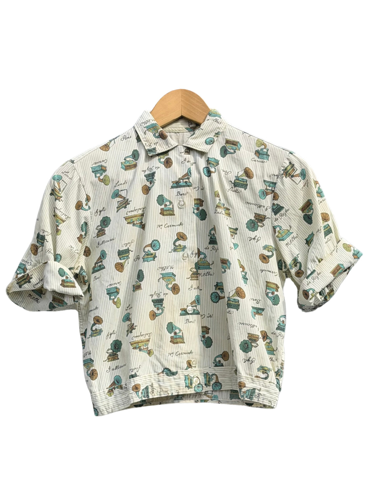1950s White and Green Novelty Cropped Blouse