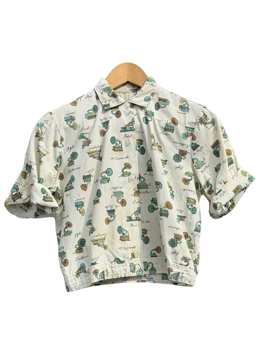 1950s White and Green Novelty Cropped Blouse