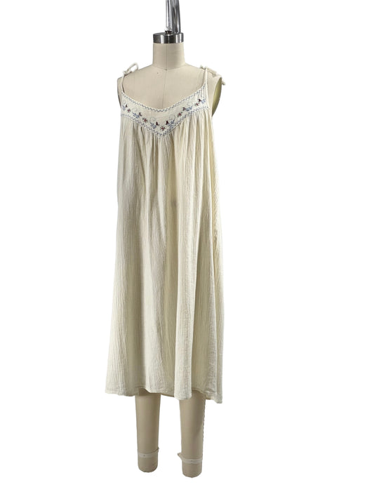 1970s White Gauzy Hand Embroidred Tie Strap Dress