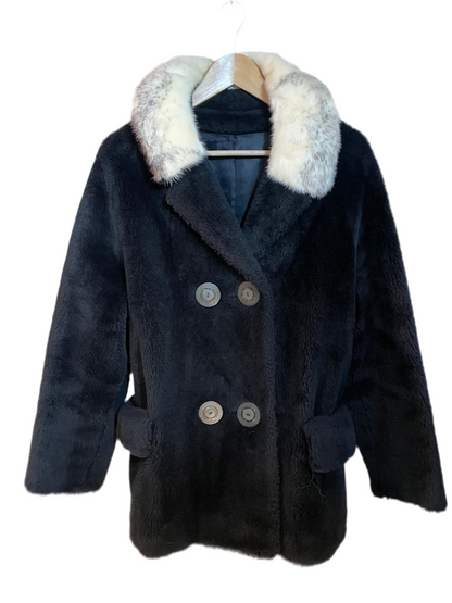 1960s Black Fleece Cream Rabbit Fur Collar Coat