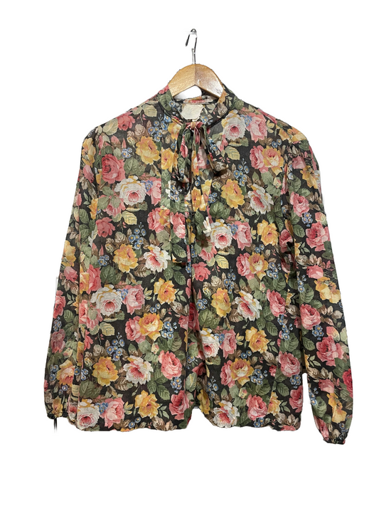 1970s Dark Floral Tie Long-Sleeve Blouse