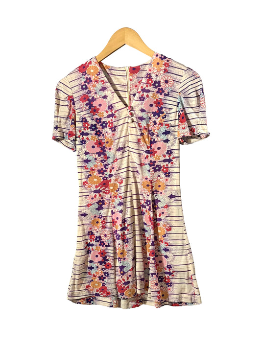 1970s Purple Pink Pop Art Floral Mini Dress