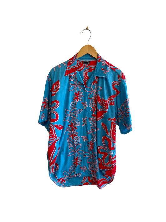 1980s Blue Red Hawaiian Print Shirt