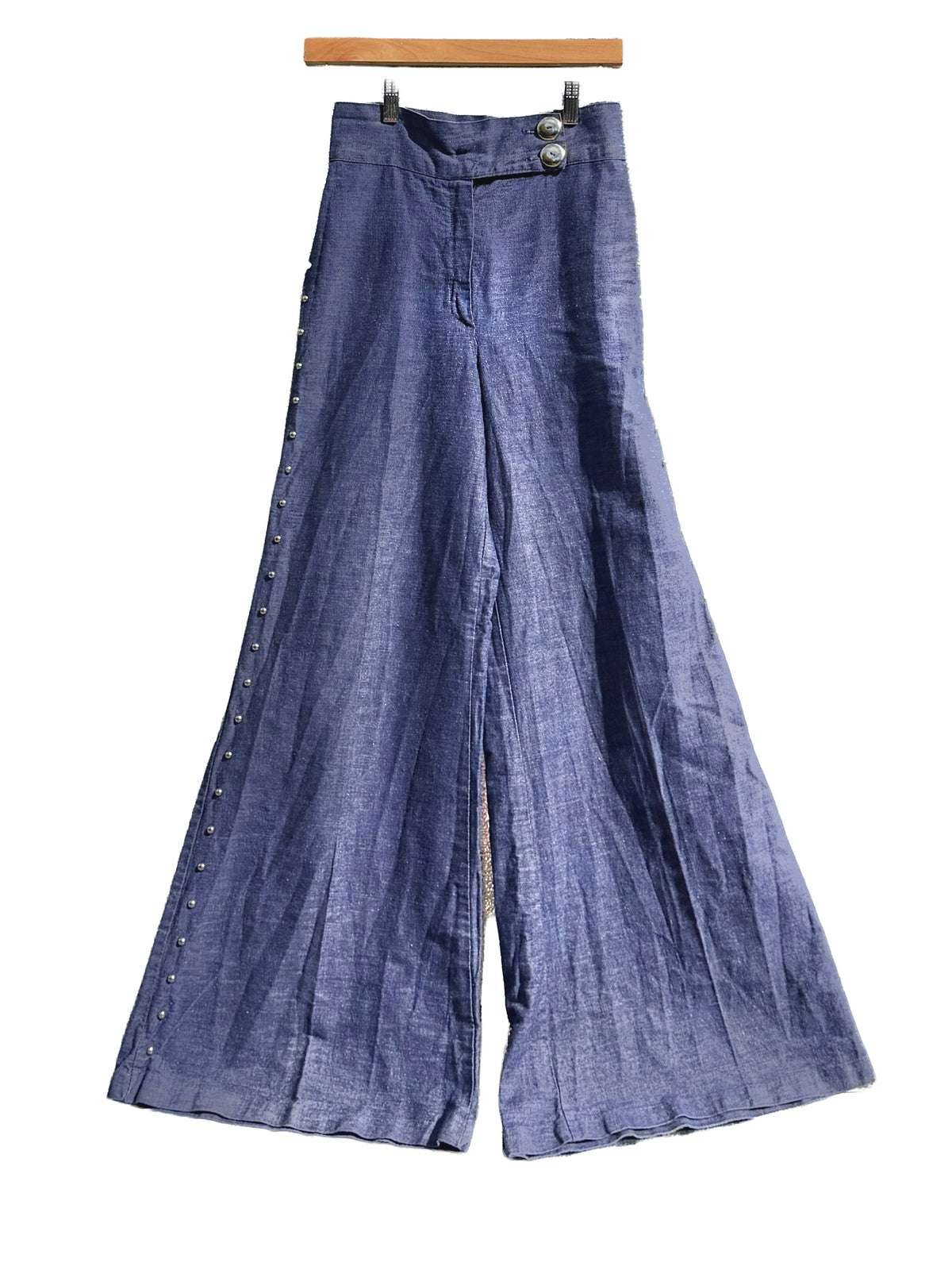 1970s Deep Wash Sailcloth Studded Wide-Leg Jeans