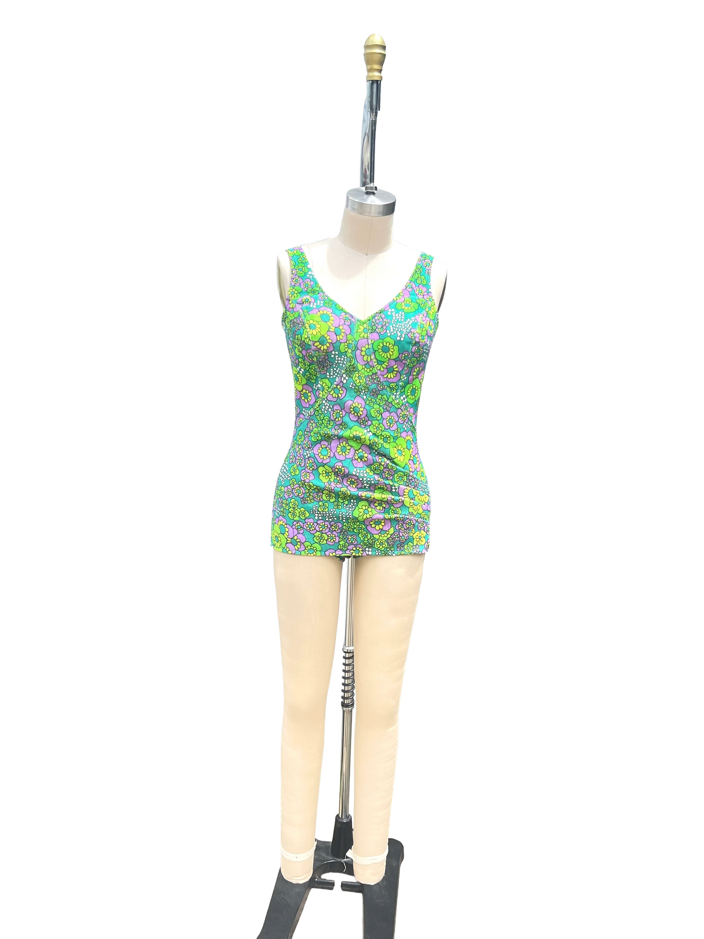1970s Teal Purple Flower Power Neoprene Playtex ‘Slim N Trim’ Swimsuit