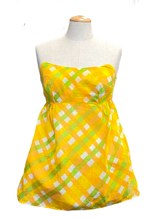 1960s Yellow Orange Plaid Cotton Strapless Top