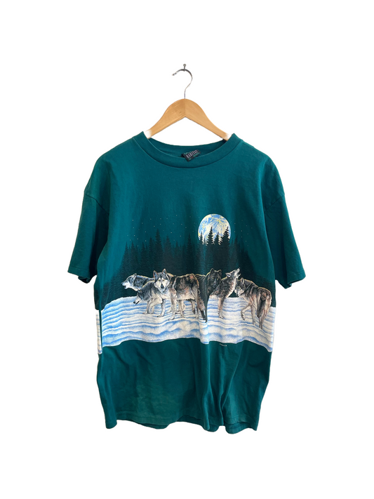 1990s Teal Green Alaska Wrap Around Graphic Tee