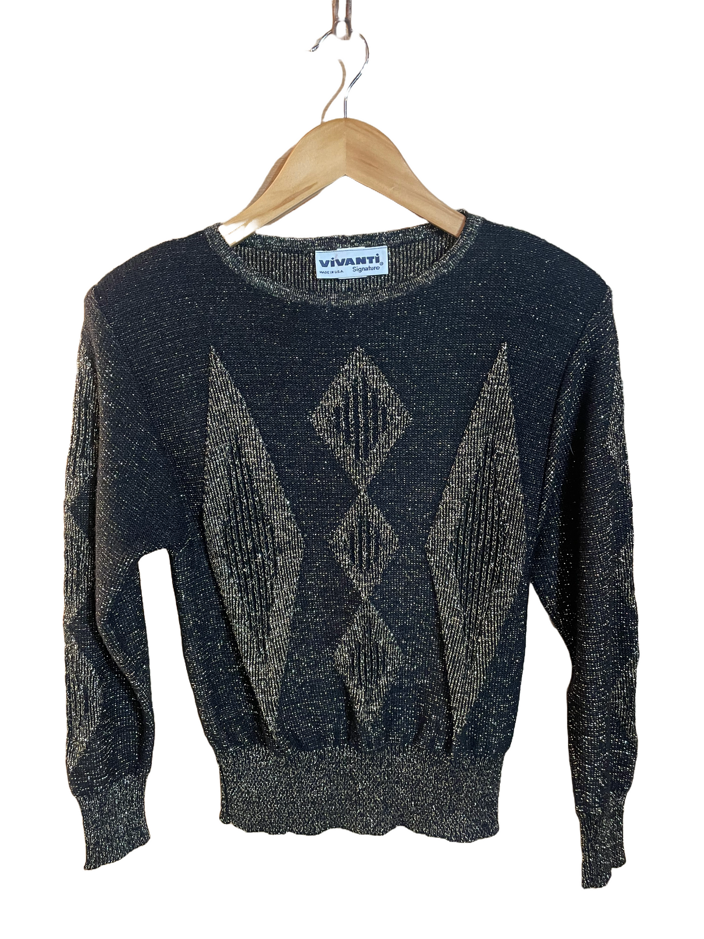 1970s Black Gold Metallic Diamond Knit Sweater