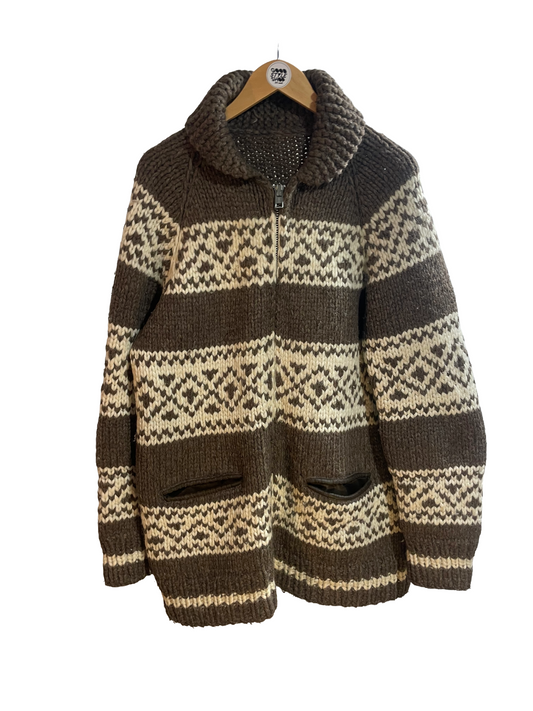 1980s Hand-Knit Wool Otter Brown White Heavy Zip Cowichan Cardigan
