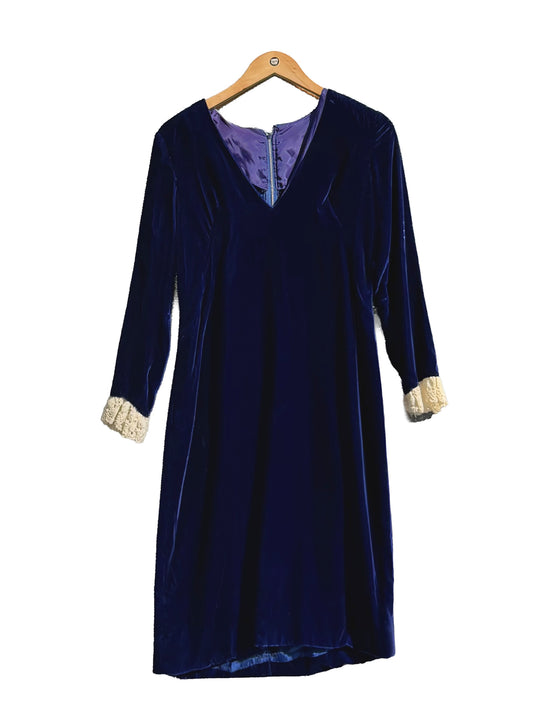 1960s Blue Velvet Deep V Cocktail Dress