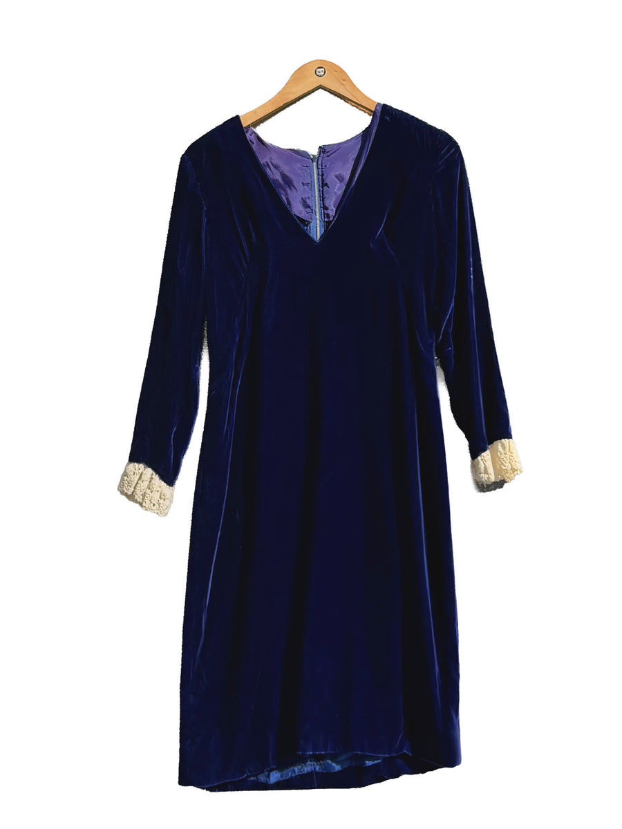 1960s Blue Velvet Deep V Cocktail Dress
