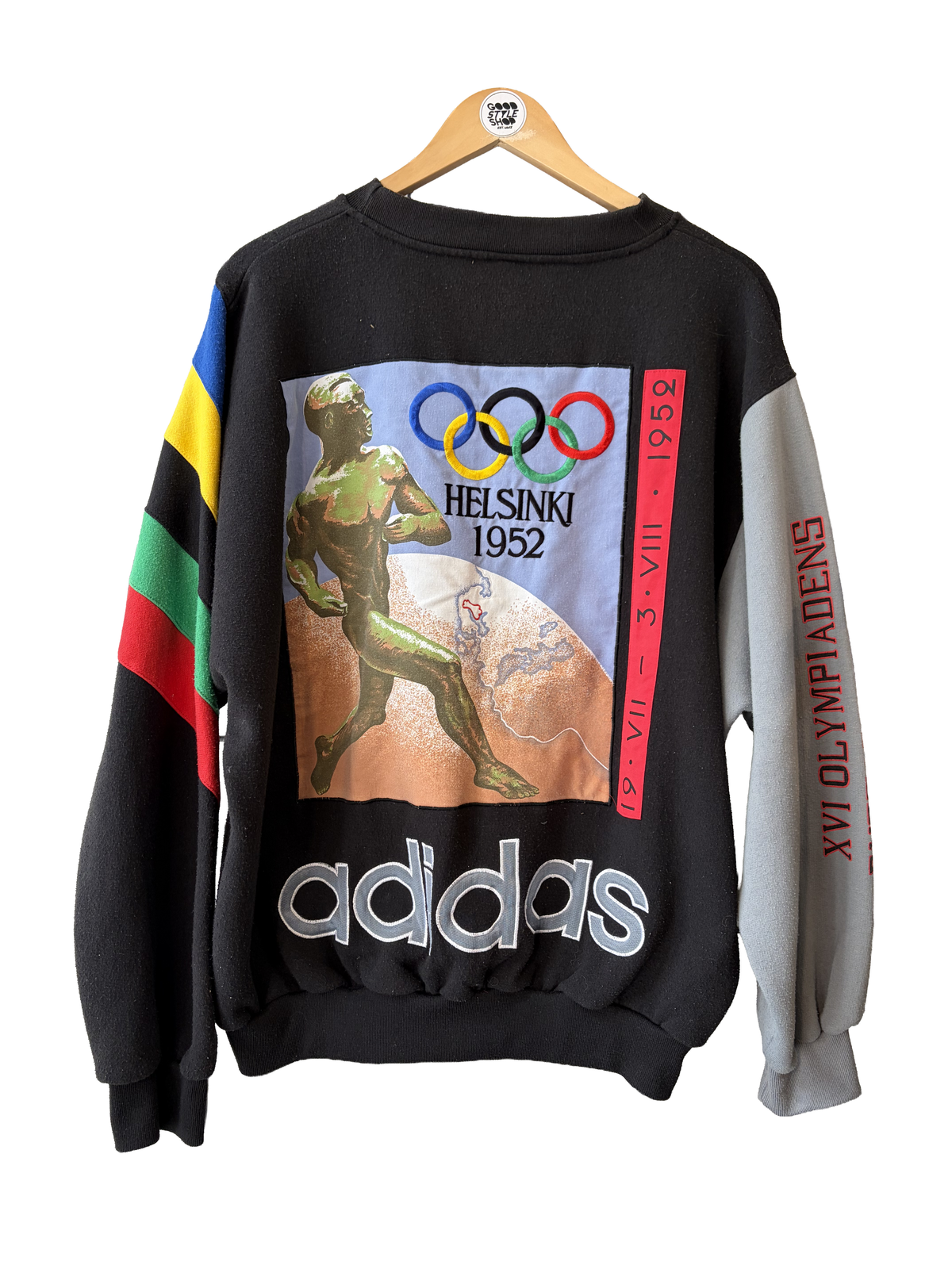 1980s Black Adidas Helsinki Stockholm Olympics Motif Applique Sweatshirt