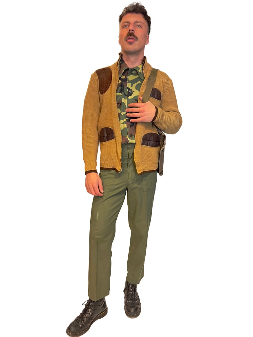 1960s Tan Wool Brown Suede ‘Paul Graff’ Hunters’ Zip Cardigan