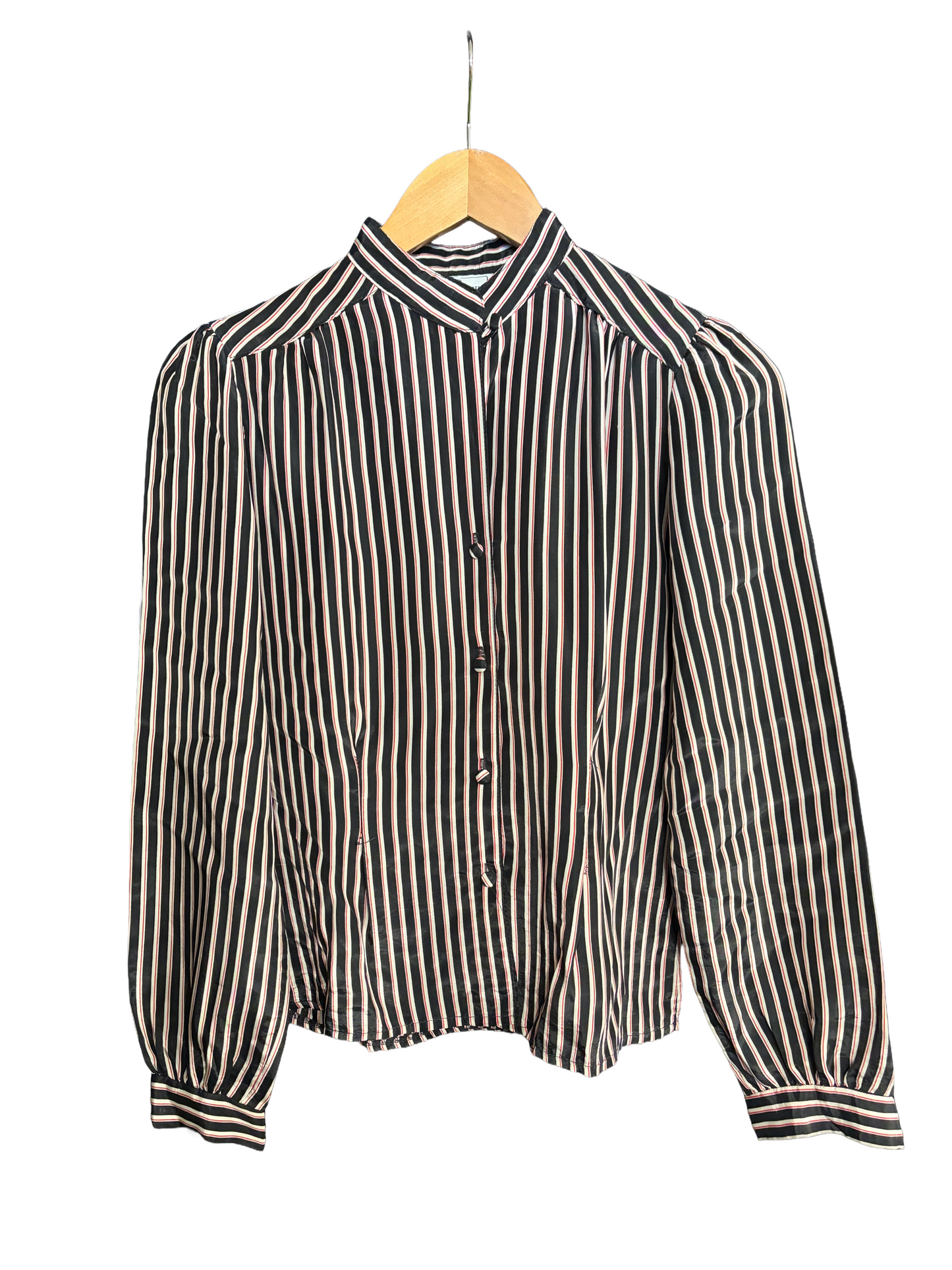 1980s Black White Red Stripe Poly Satin Stand Collar Blouse