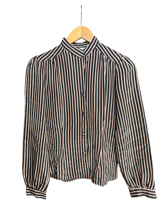 1980s Black White Red Stripe Poly Satin Stand Collar Blouse