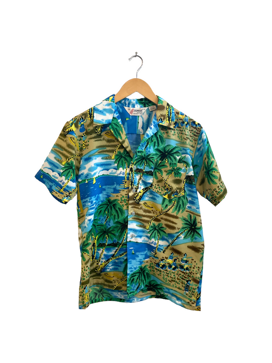 1990s Tropical Print Poly Weave Shirt