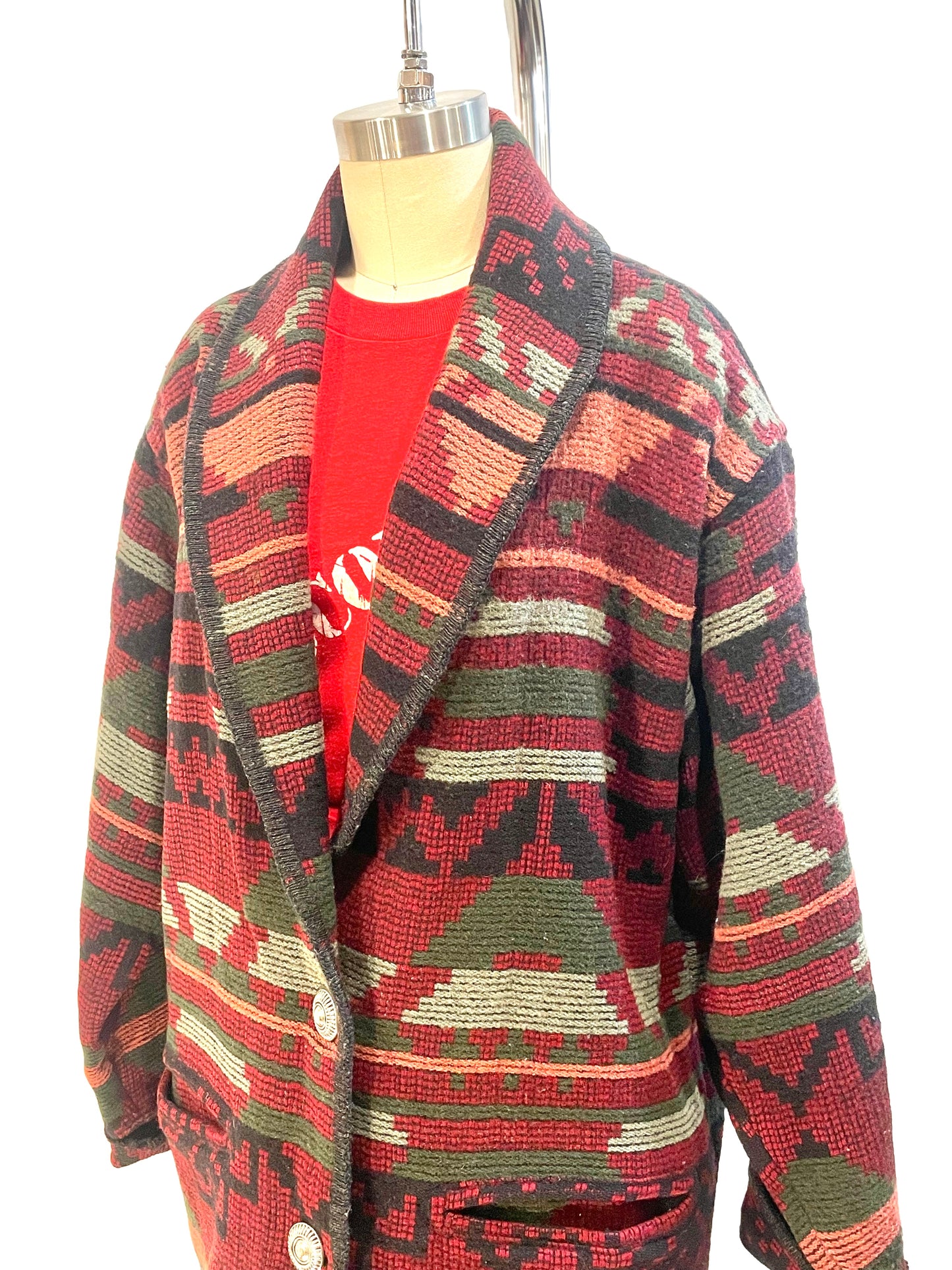 1990s Maroon Deep Tones Blanket Wool Shawl Collar Coat