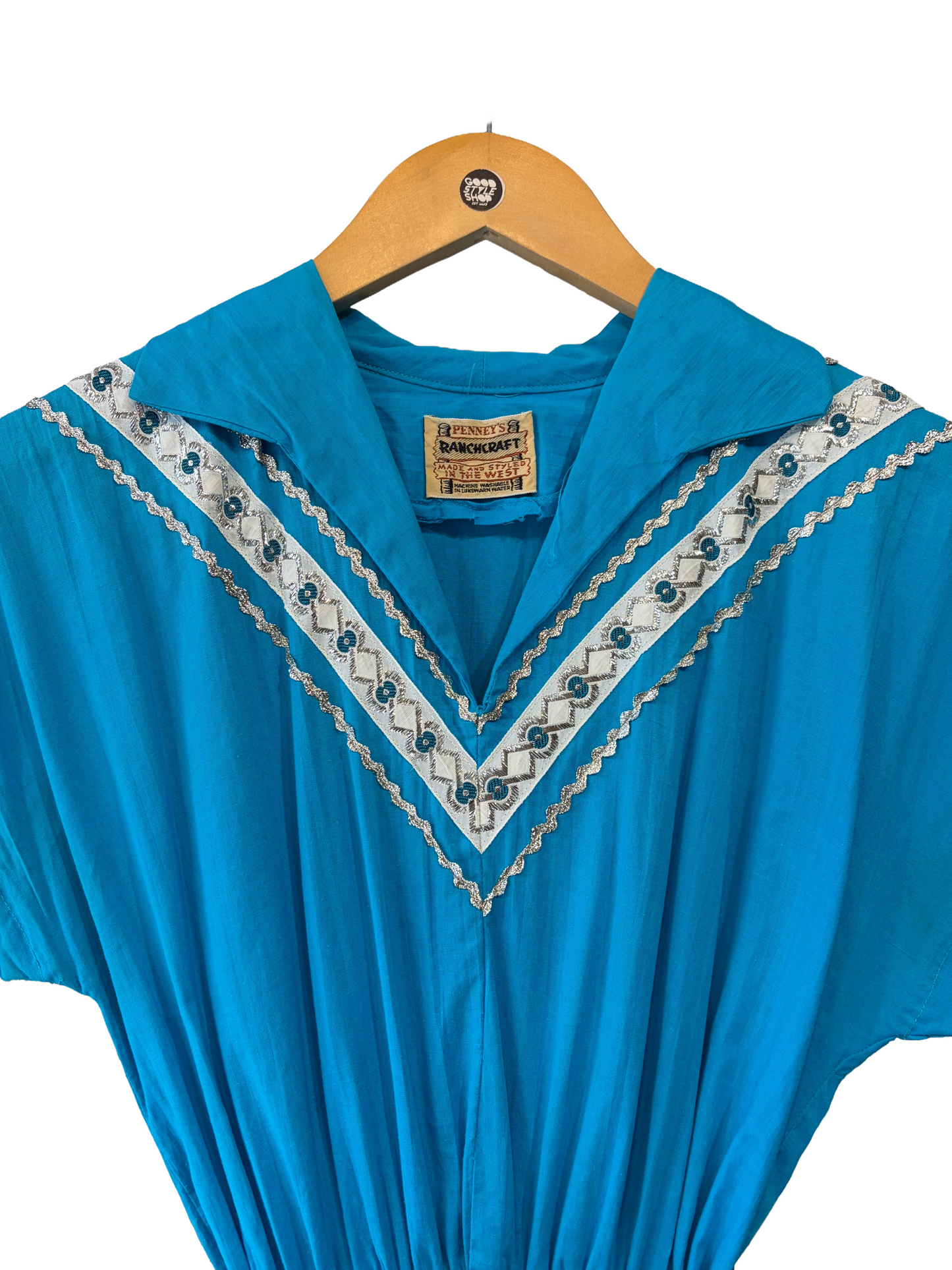 1950s Cerulean Cotton Belted Silver Ric-Rac Ranchcraft Patio Dress