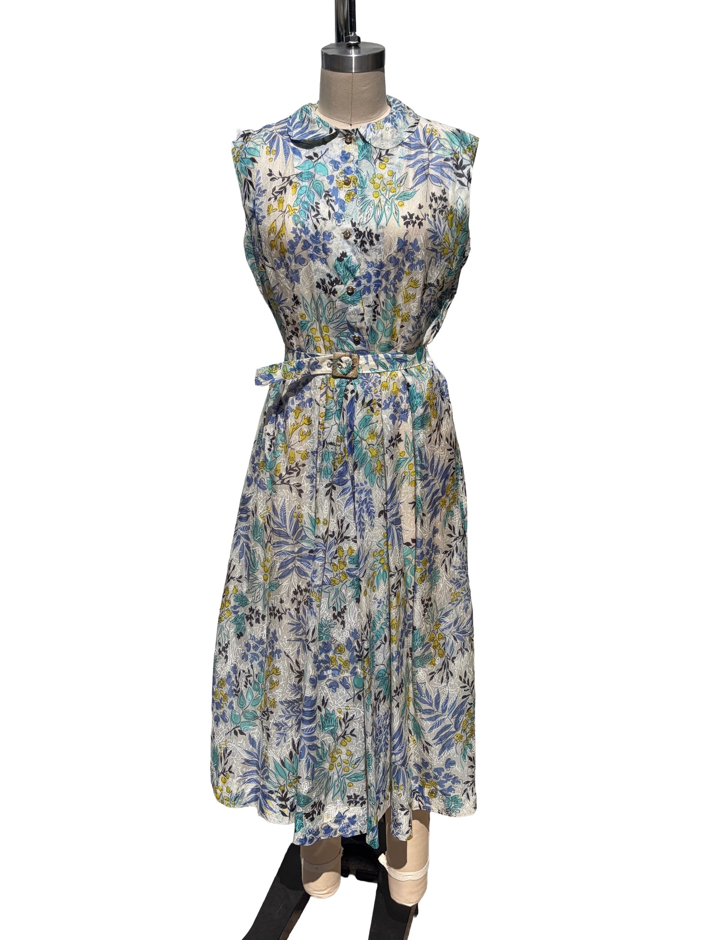 1950s Atomic Blue Leaves Rhinestone Sheer Garden Party Dress