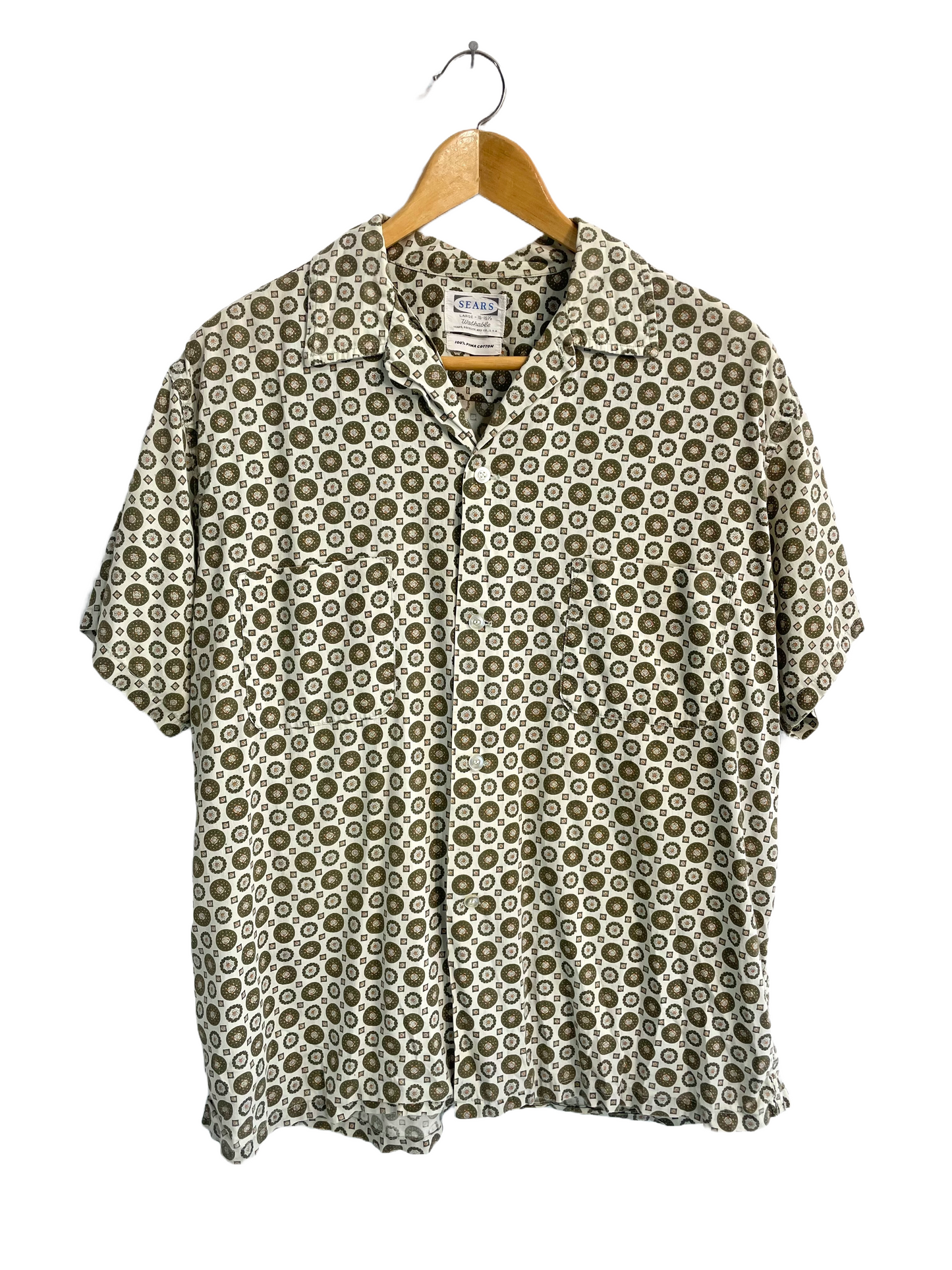 1960s Olive Medallion Print Cotton Short Sleeve Shirt