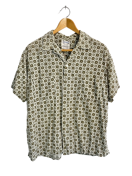 1960s Olive Medallion Print Cotton Short Sleeve Shirt