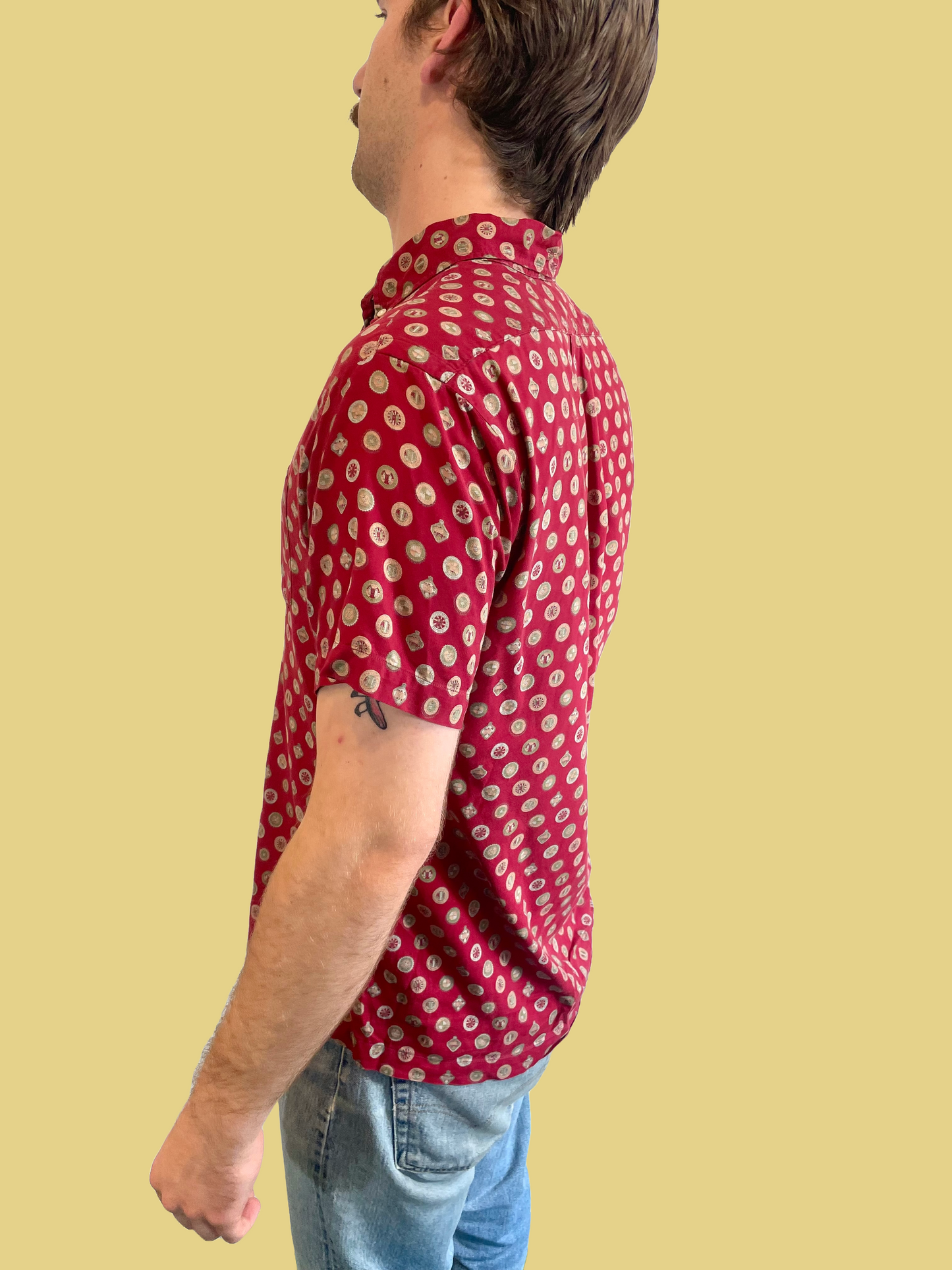 1950s Burgundy Medallion Cotton Oxford Popover Shirt