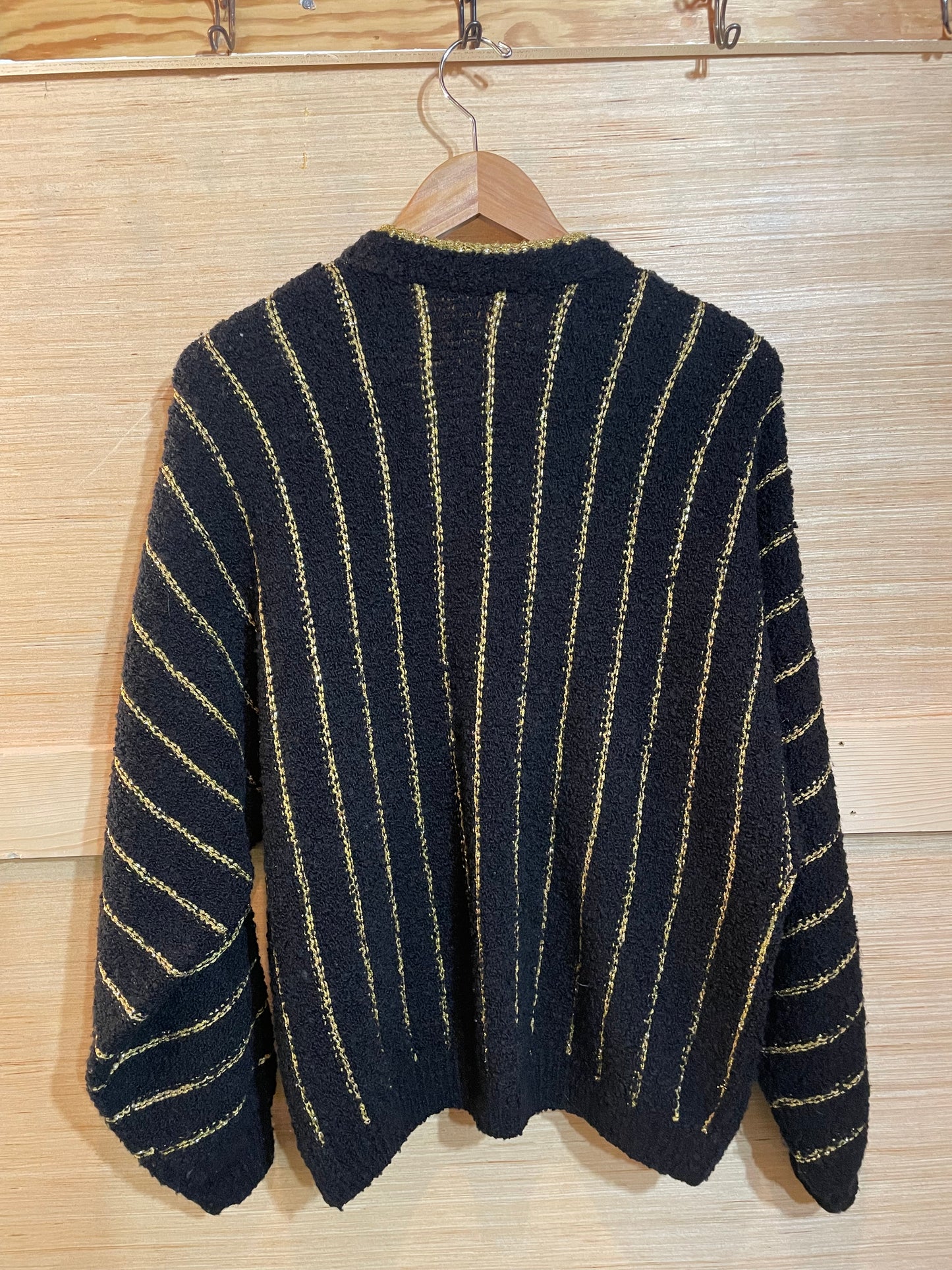 1980s Black Gold Stripe Batwing Open Boucle Knit Cardigan