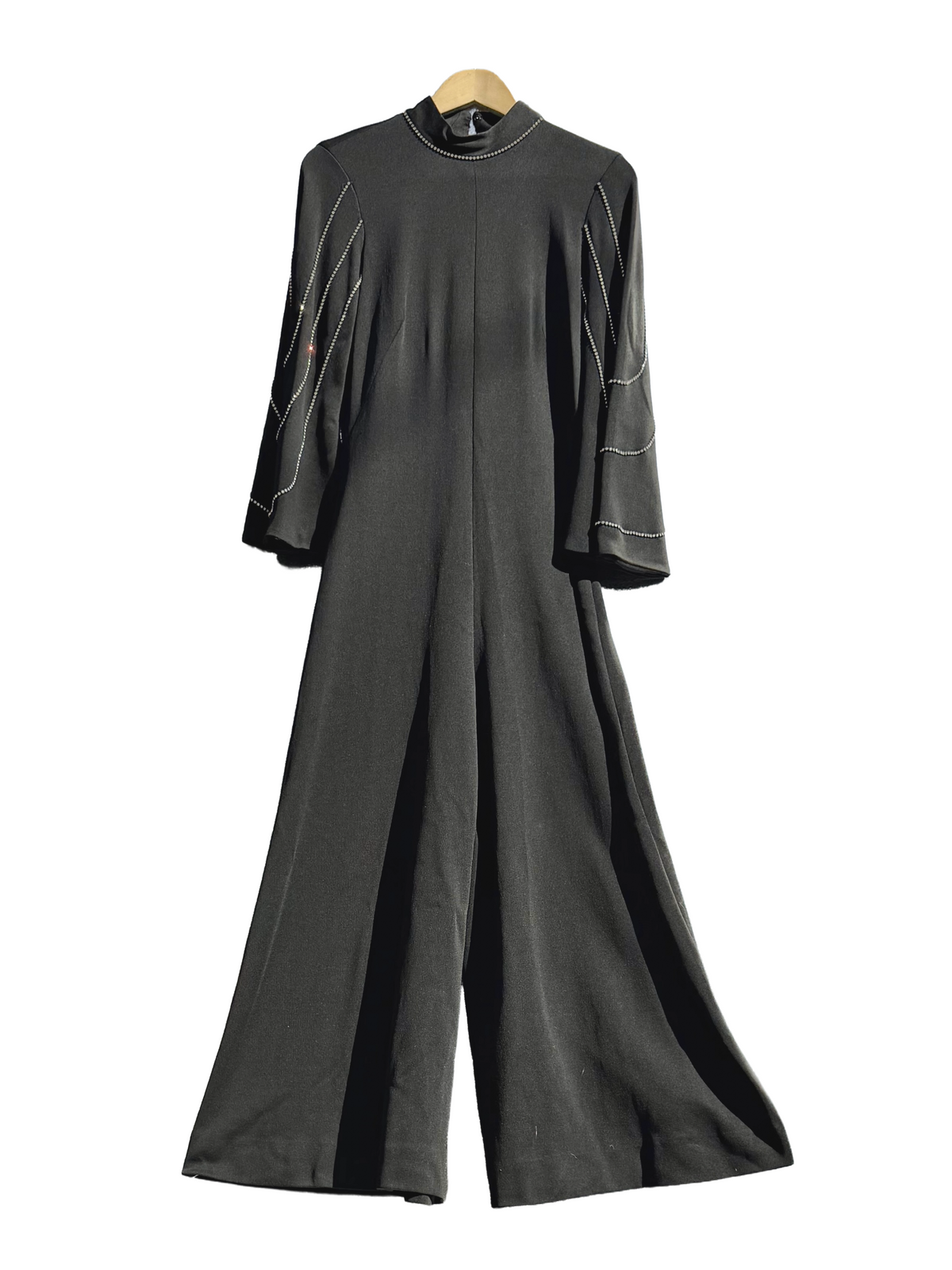 1970s Black Poly Knit Rhinestone Embellished Jumpsuit