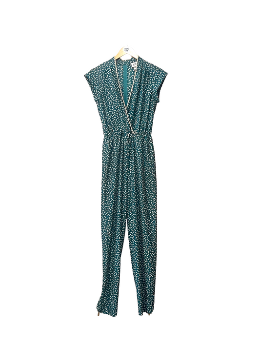 1970s-does-1940s Green Bows Novelty Print Crepe Surplice Jumpsuit